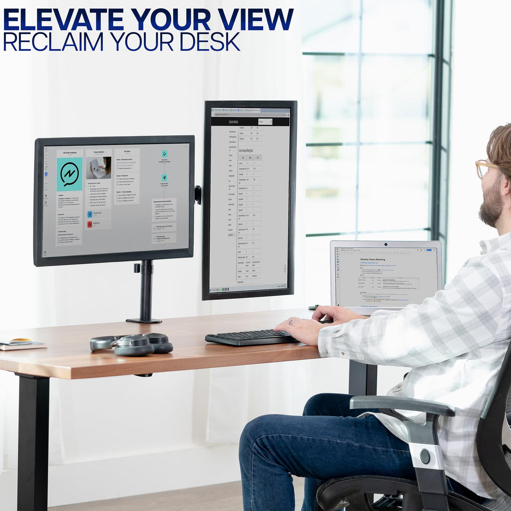 VIVO Dual Monitor Desk Mount, Holds 2 Computer Screens up to 30 inches and 22lbs Each, Heavy Duty Fully Adjustable Steel Stand with C-Clamp and Grommet, Black, STAND-V002 | Black, Articulating, Adjustable Monitor Arm, Grommet or C-Clamp Mounting, Computer