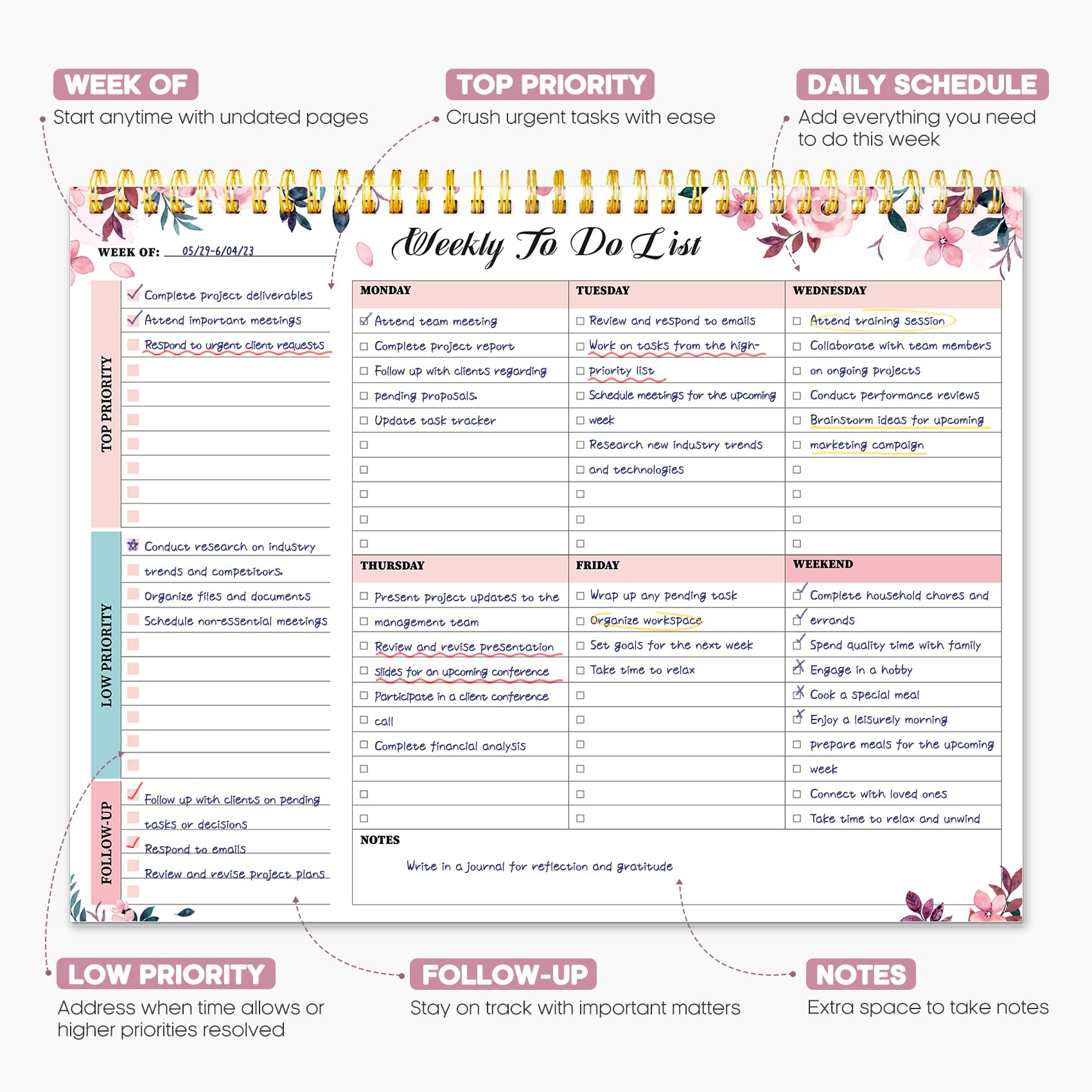Taja Weekly To Do List Notepad, Undated Weekly Planner Pad, 8.5" x 11" | Large Desk Planner, Weekly Task Planning, College School Supplies, for Home and Office, 52 Sheets, Violet Dream