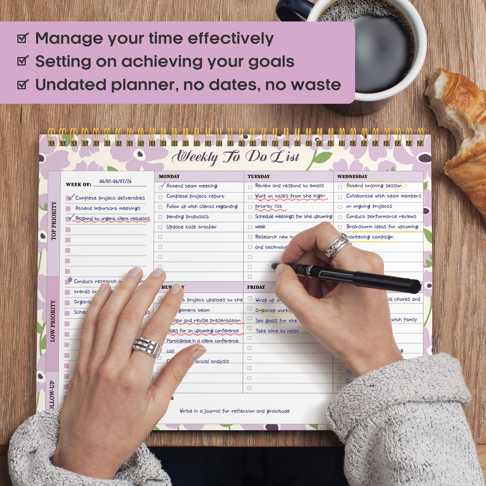 Taja Weekly To Do List Notepad, Undated Weekly Planner Pad, 8.5" x 11" | Large Desk Planner, Weekly Task Planning, College School Supplies, for Home and Office, 52 Sheets, Violet Dream