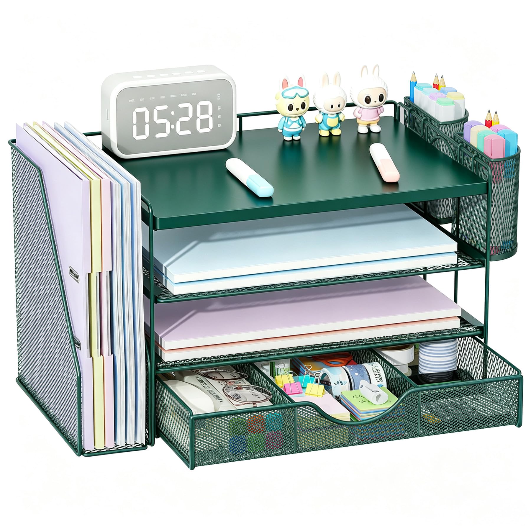 Wood Desk Organizers and Accessories with File Sorters, 4-Tier Desk Accessories & Workspace Organizers with Drawer and Pen Holder, Desk Reference Organizer (Wood, 4T with Drawer)