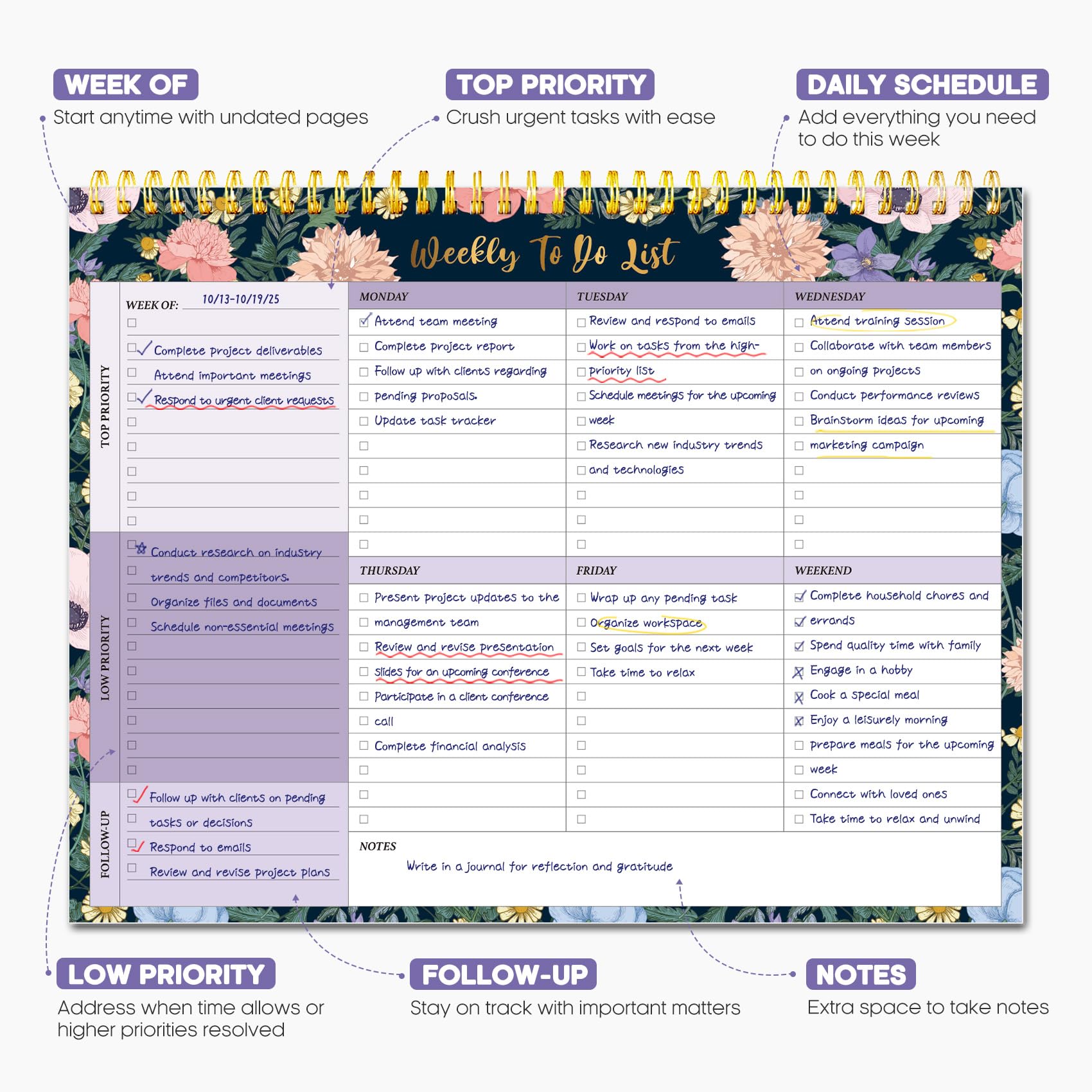 Taja Weekly To Do List Notepad, Undated Weekly Planner Pad, 8.5" x 11" | Large Desk Planner, Weekly Task Planning, College School Supplies, for Home and Office, 52 Sheets, Violet Dream