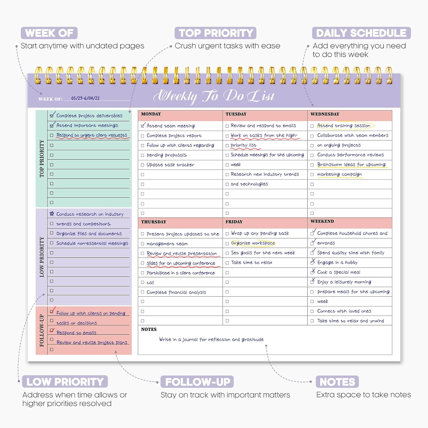 Taja Weekly To Do List Notepad, Undated Weekly Planner Pad, 8.5" x 11" | Large Desk Planner, Weekly Task Planning, College School Supplies, for Home and Office, 52 Sheets, Violet Dream