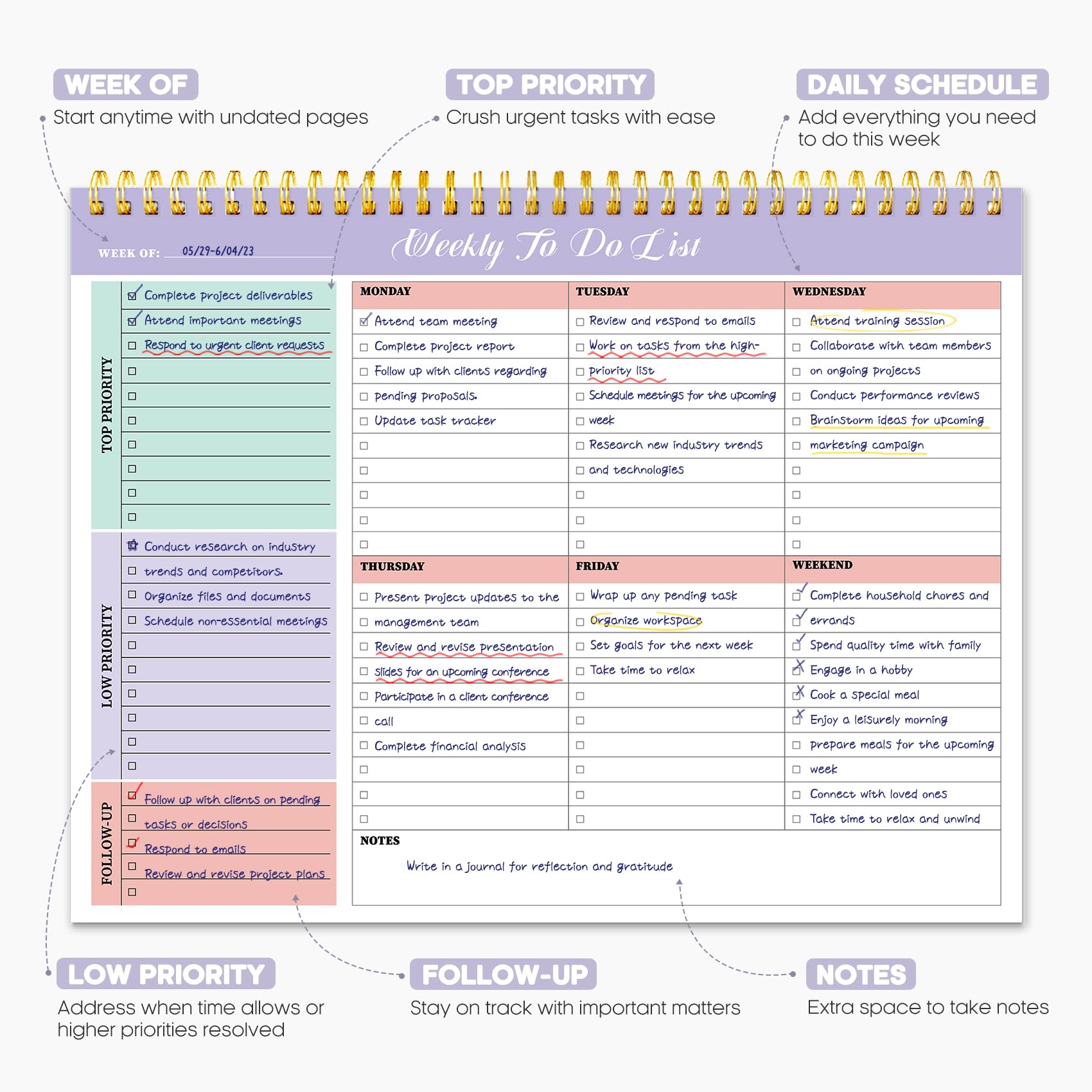 Taja Weekly To Do List Notepad, Undated Weekly Planner Pad, 8.5" x 11" | Large Desk Planner, Weekly Task Planning, College School Supplies, for Home and Office, 52 Sheets, Violet Dream