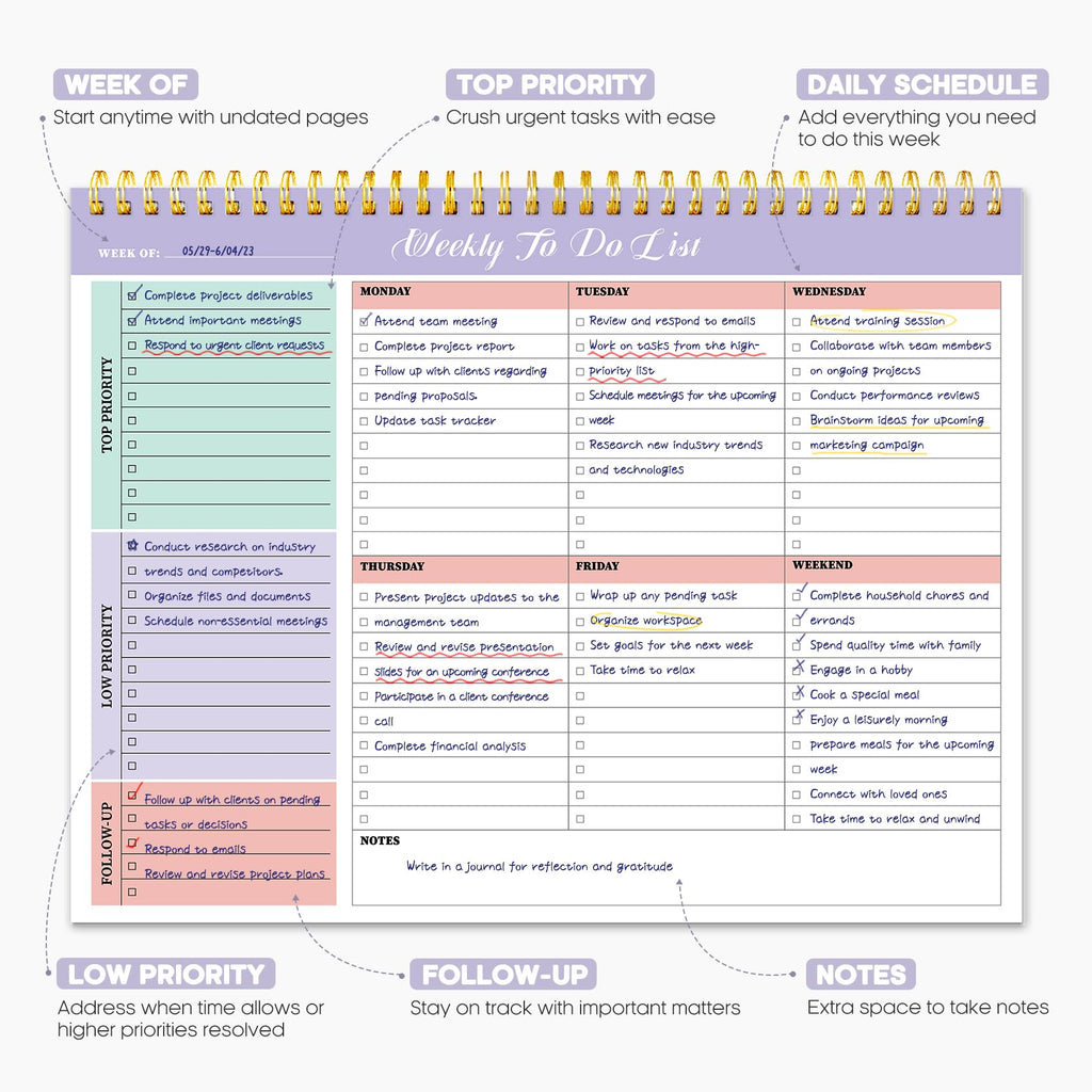 Taja Weekly To Do List Notepad, Undated Weekly Planner Pad, 8.5" x 11" | Large Desk Planner, Weekly Task Planning, College School Supplies, for Home and Office, 52 Sheets, Violet Dream