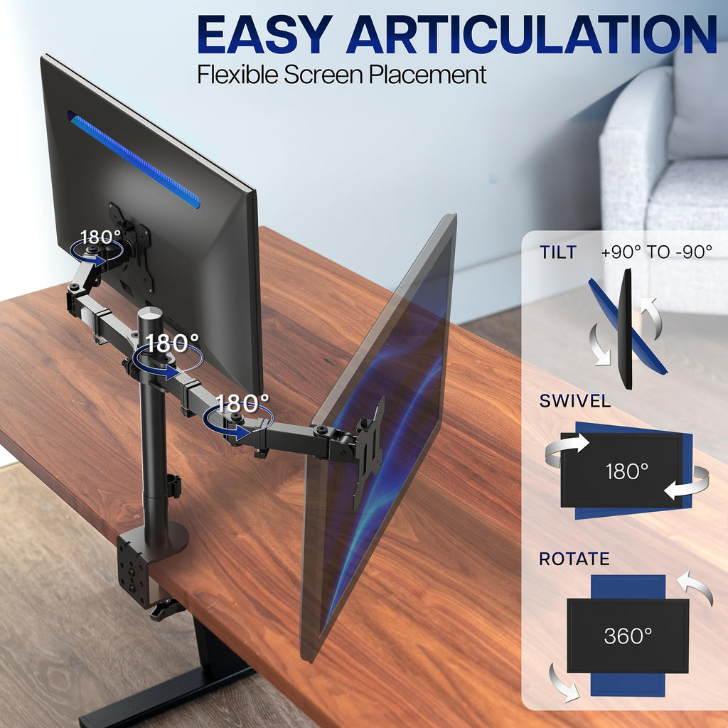 VIVO Dual Monitor Desk Mount, Holds 2 Computer Screens up to 30 inches and 22lbs Each, Heavy Duty Fully Adjustable Steel Stand with C-Clamp and Grommet, Black, STAND-V002 | Black, Articulating, Adjustable Monitor Arm, Grommet or C-Clamp Mounting, Computer