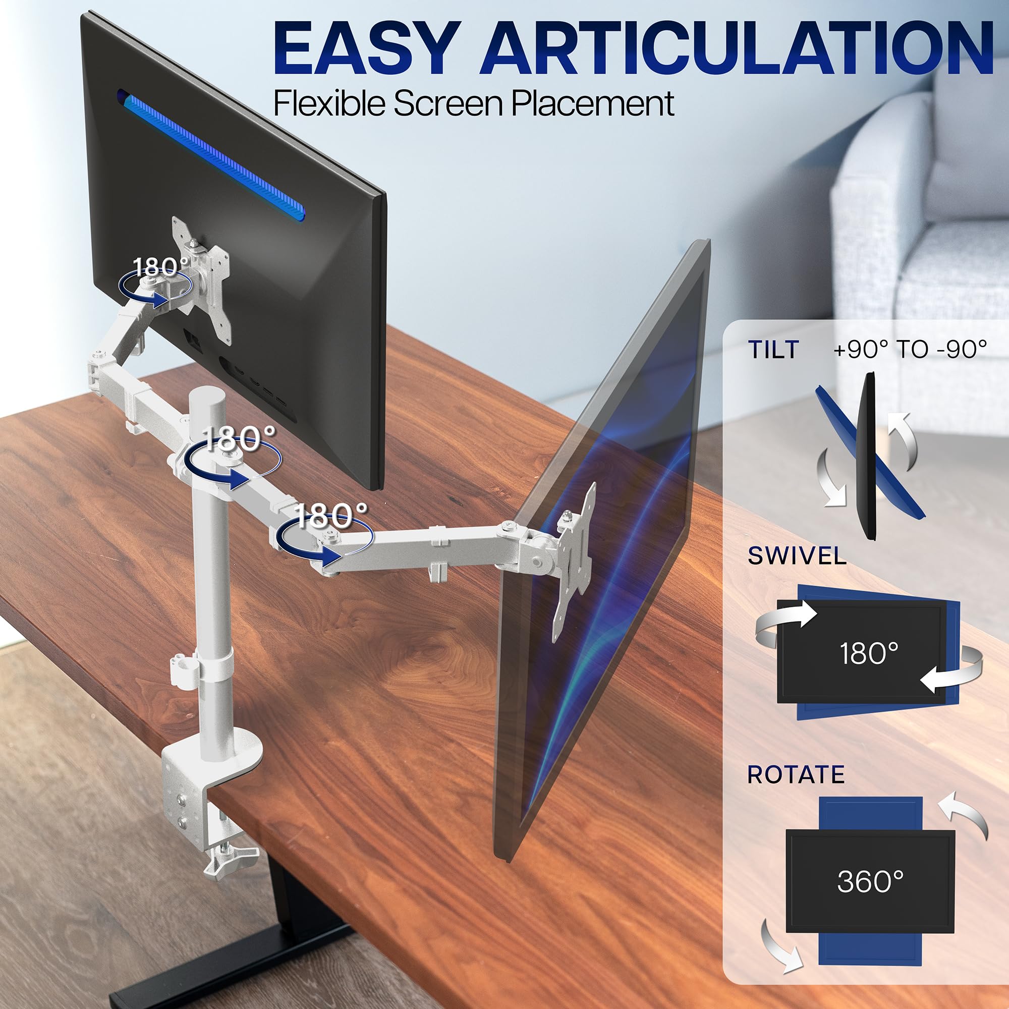 VIVO Dual Monitor Desk Mount, Holds 2 Computer Screens up to 30 inches and 22lbs Each, Heavy Duty Fully Adjustable Steel Stand with C-Clamp and Grommet, Black, STAND-V002 | Black, Articulating, Adjustable Monitor Arm, Grommet or C-Clamp Mounting, Computer