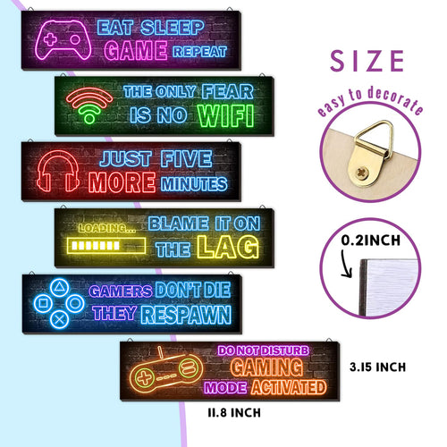 4 Pcs Printed Neon Gaming Posters, Teen Boys Room Decorations, gamer wall art Decor for bedroom Wooden