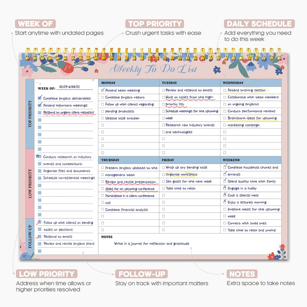 Taja Weekly To Do List Notepad, Undated Weekly Planner Pad, 8.5" x 11" | Large Desk Planner, Weekly Task Planning, College School Supplies, for Home and Office, 52 Sheets, Violet Dream