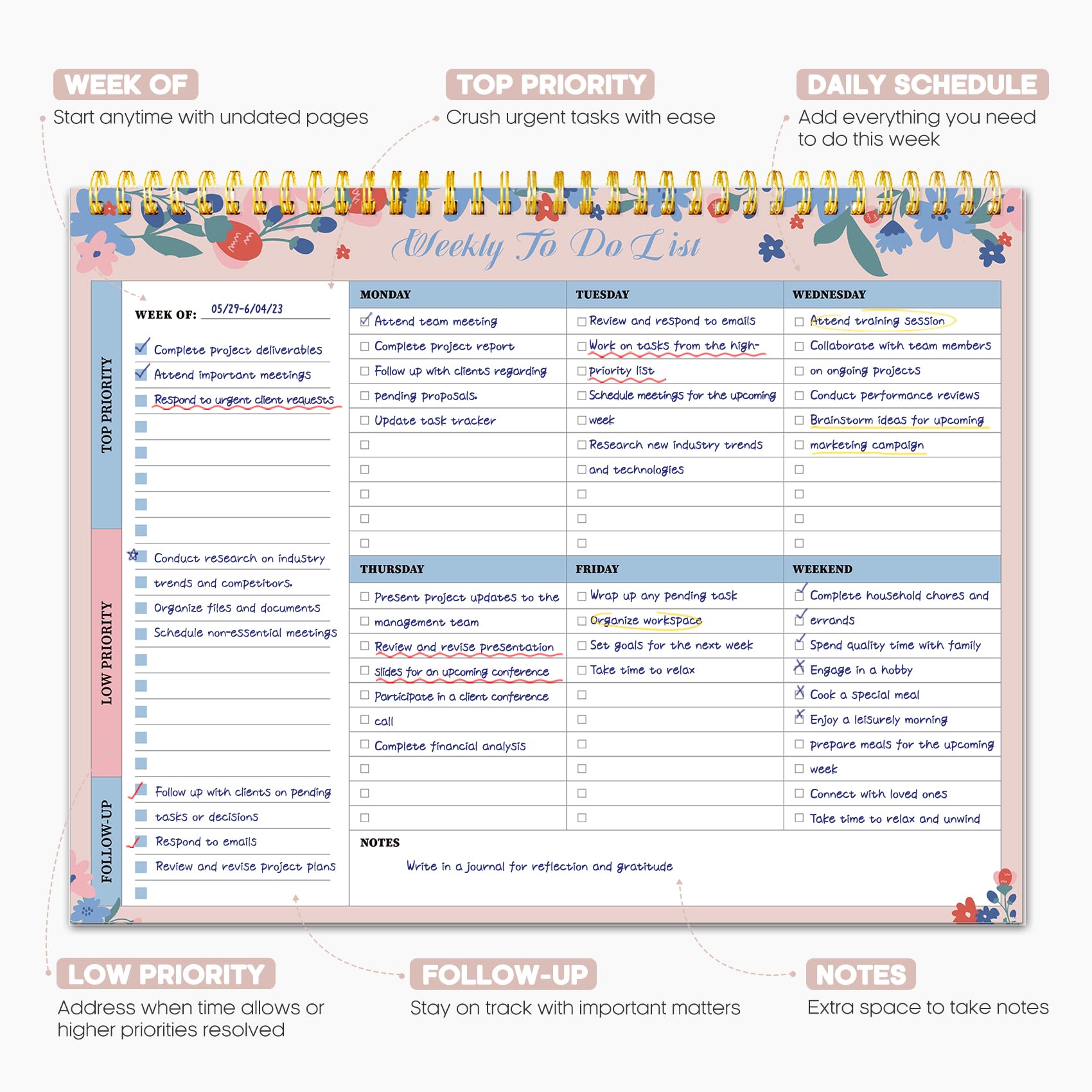 Taja Weekly To Do List Notepad, Undated Weekly Planner Pad, 8.5" x 11" | Large Desk Planner, Weekly Task Planning, College School Supplies, for Home and Office, 52 Sheets, Violet Dream
