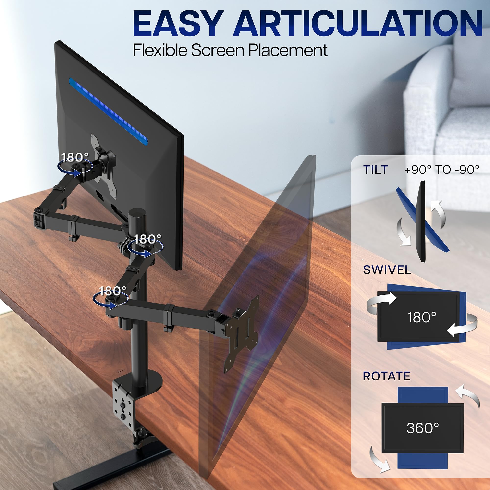 VIVO Dual Monitor Desk Mount, Holds 2 Computer Screens up to 30 inches and 22lbs Each, Heavy Duty Fully Adjustable Steel Stand with C-Clamp and Grommet, Black, STAND-V002 | Black, Articulating, Adjustable Monitor Arm, Grommet or C-Clamp Mounting, Computer