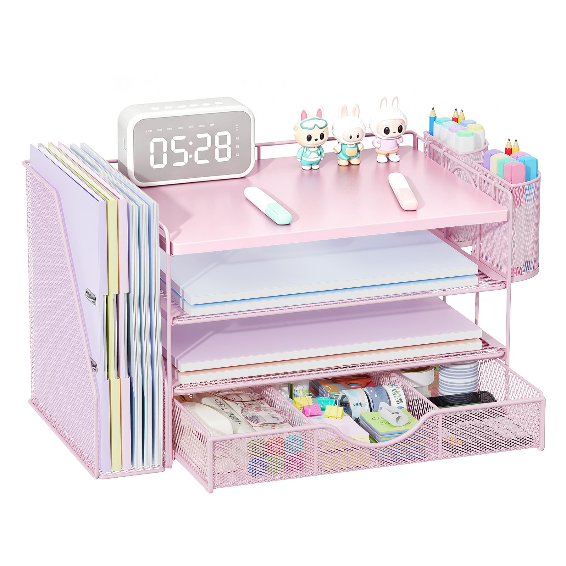 Wood Desk Organizers and Accessories with File Sorters, 4-Tier Desk Accessories & Workspace Organizers with Drawer and Pen Holder, Desk Reference Organizer (Wood, 4T with Drawer)