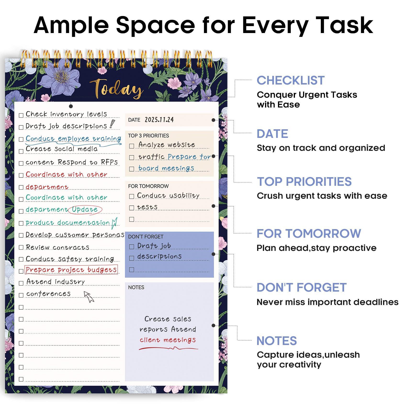 Taja To Do List Notepad, Undated Daily Planner for Work and Goal Setting | Greenery Sway, 52 Sheets, 9.8" x 6.5" , for Office, Home and school, Daily Task Planning, Notes and Everyday Organization