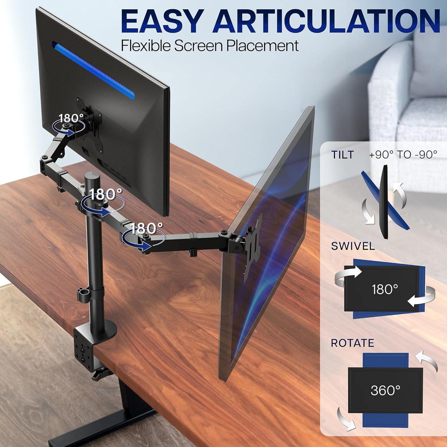 VIVO Dual Monitor Desk Mount, Holds 2 Computer Screens up to 30 inches and 22lbs Each, Heavy Duty Fully Adjustable Steel Stand with C-Clamp and Grommet, Black, STAND-V002 | Black, Articulating, Adjustable Monitor Arm, Grommet or C-Clamp Mounting, Computer