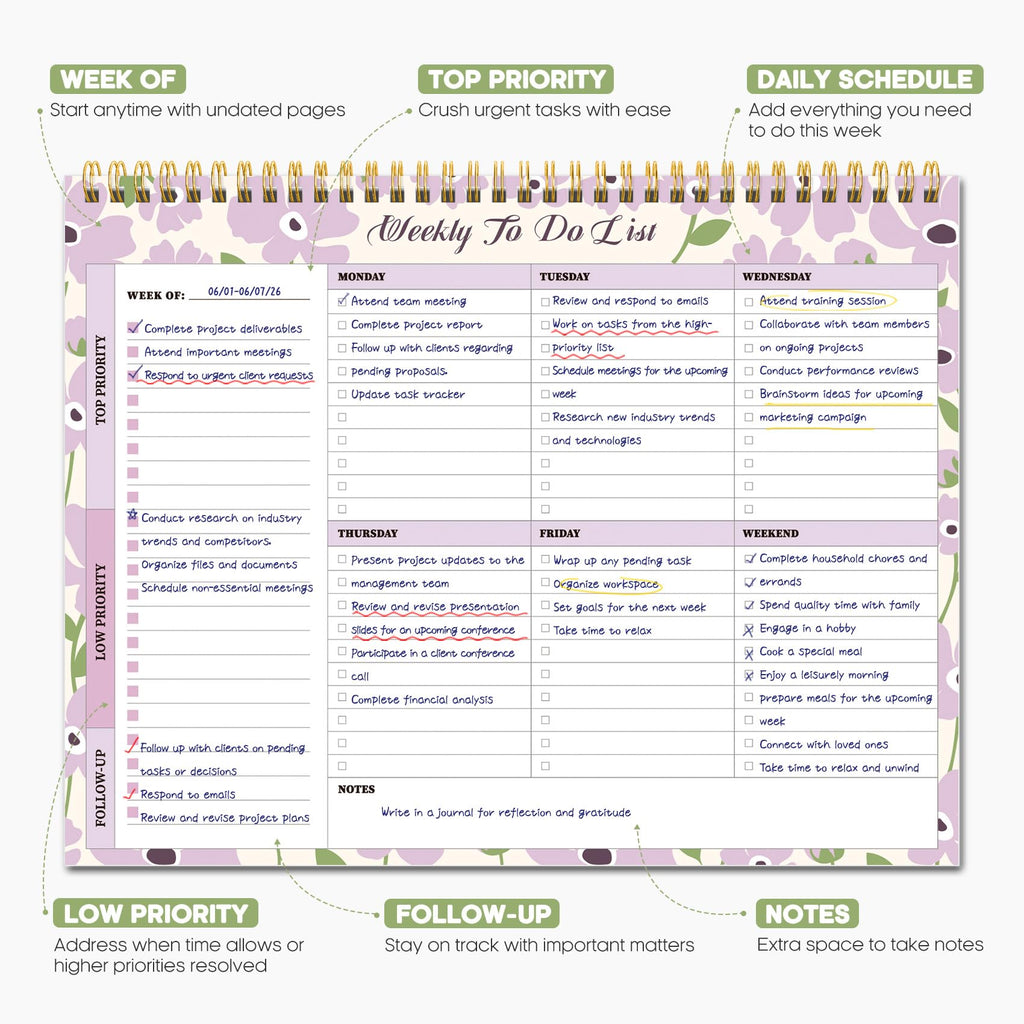 Taja Weekly To Do List Notepad, Undated Weekly Planner Pad, 8.5" x 11" | Large Desk Planner, Weekly Task Planning, College School Supplies, for Home and Office, 52 Sheets, Violet Dream