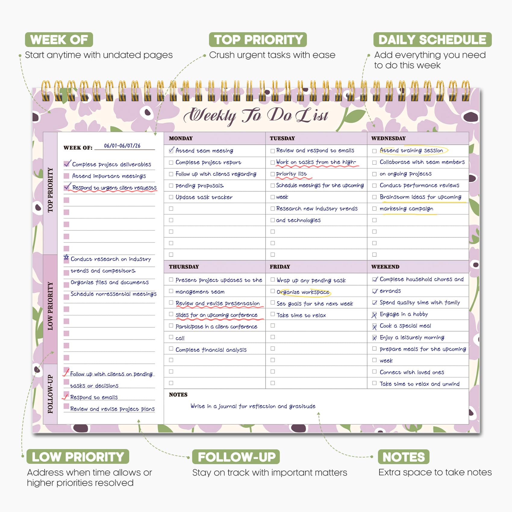 Taja Weekly To Do List Notepad, Undated Weekly Planner Pad, 8.5" x 11" | Large Desk Planner, Weekly Task Planning, College School Supplies, for Home and Office, 52 Sheets, Violet Dream