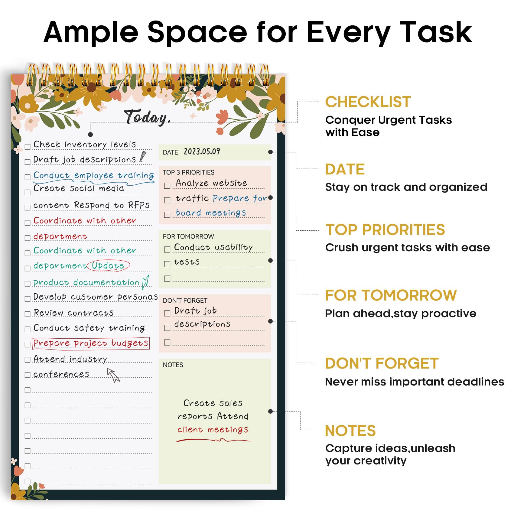 Taja To Do List Notepad, Undated Daily Planner for Work and Goal Setting | Greenery Sway, 52 Sheets, 9.8" x 6.5" , for Office, Home and school, Daily Task Planning, Notes and Everyday Organization