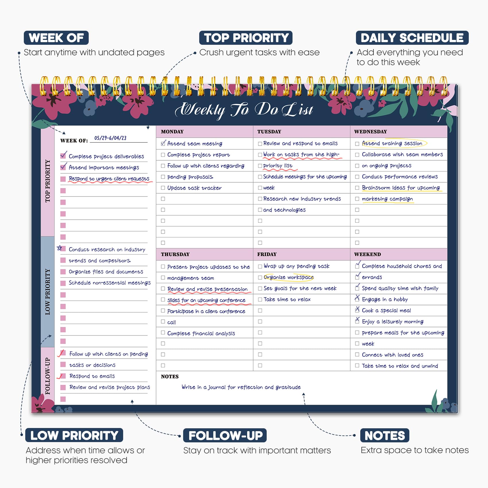 Taja Weekly To Do List Notepad, Undated Weekly Planner Pad, 8.5" x 11" | Large Desk Planner, Weekly Task Planning, College School Supplies, for Home and Office, 52 Sheets, Violet Dream