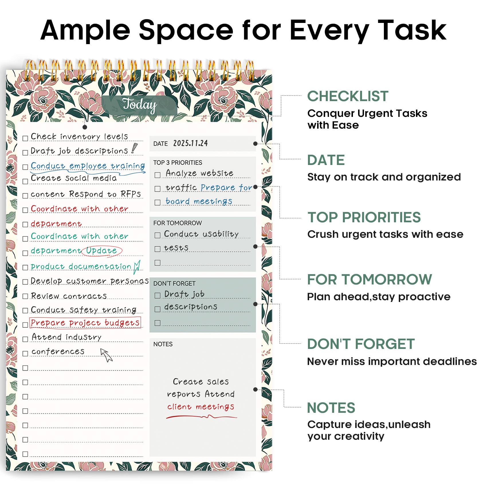 Taja To Do List Notepad, Undated Daily Planner for Work and Goal Setting | Greenery Sway, 52 Sheets, 9.8" x 6.5" , for Office, Home and school, Daily Task Planning, Notes and Everyday Organization