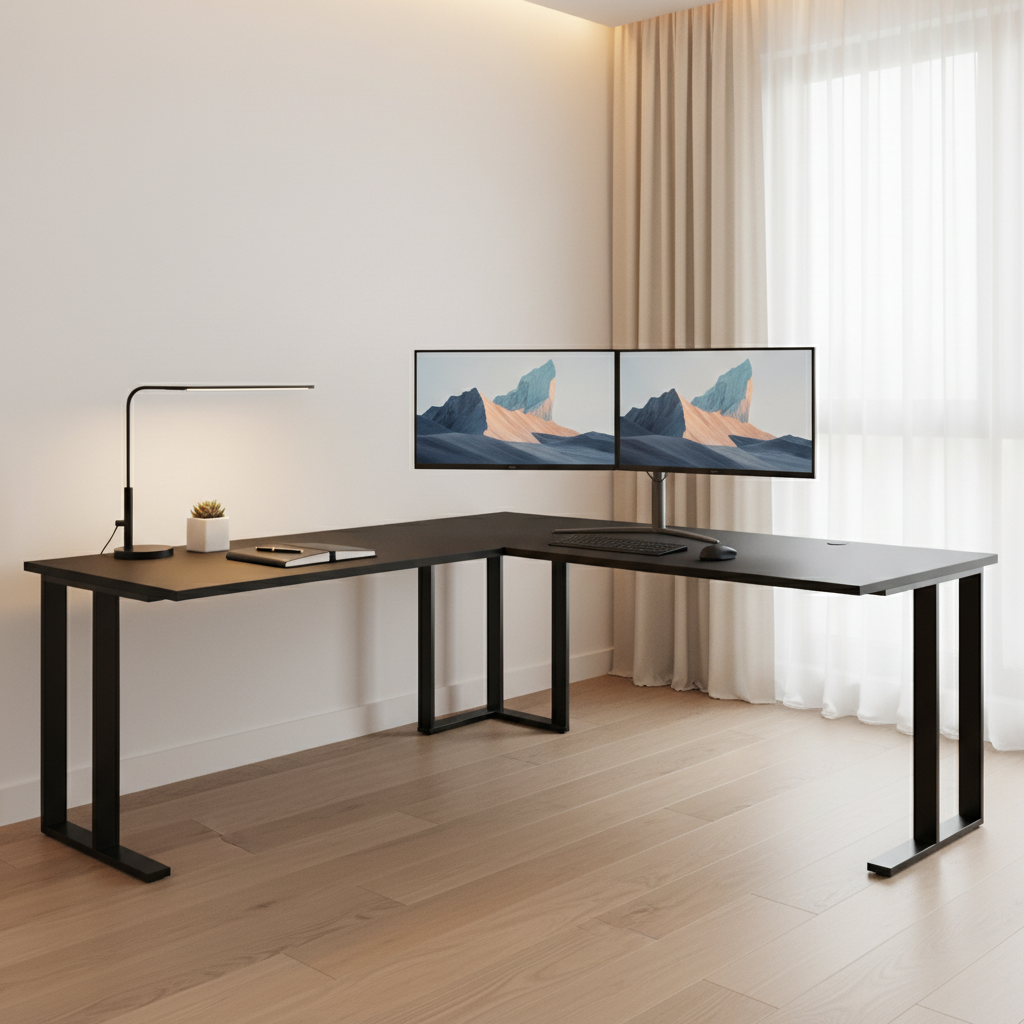 L-shaped corner desk styled in a modern home office with dual monitors and warm lighting