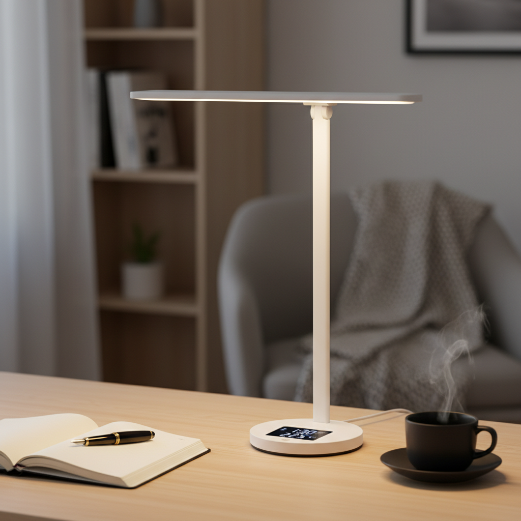 Smart LED desk lamp with LCD display on a minimal wooden desk with notebook and coffee