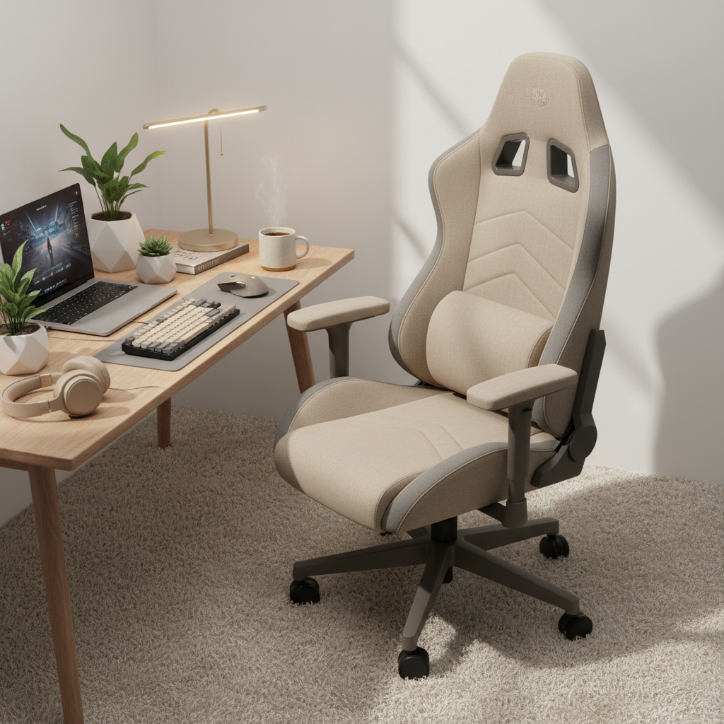 Ergonomic beige and grey gaming chair in a cozy modern gaming setup